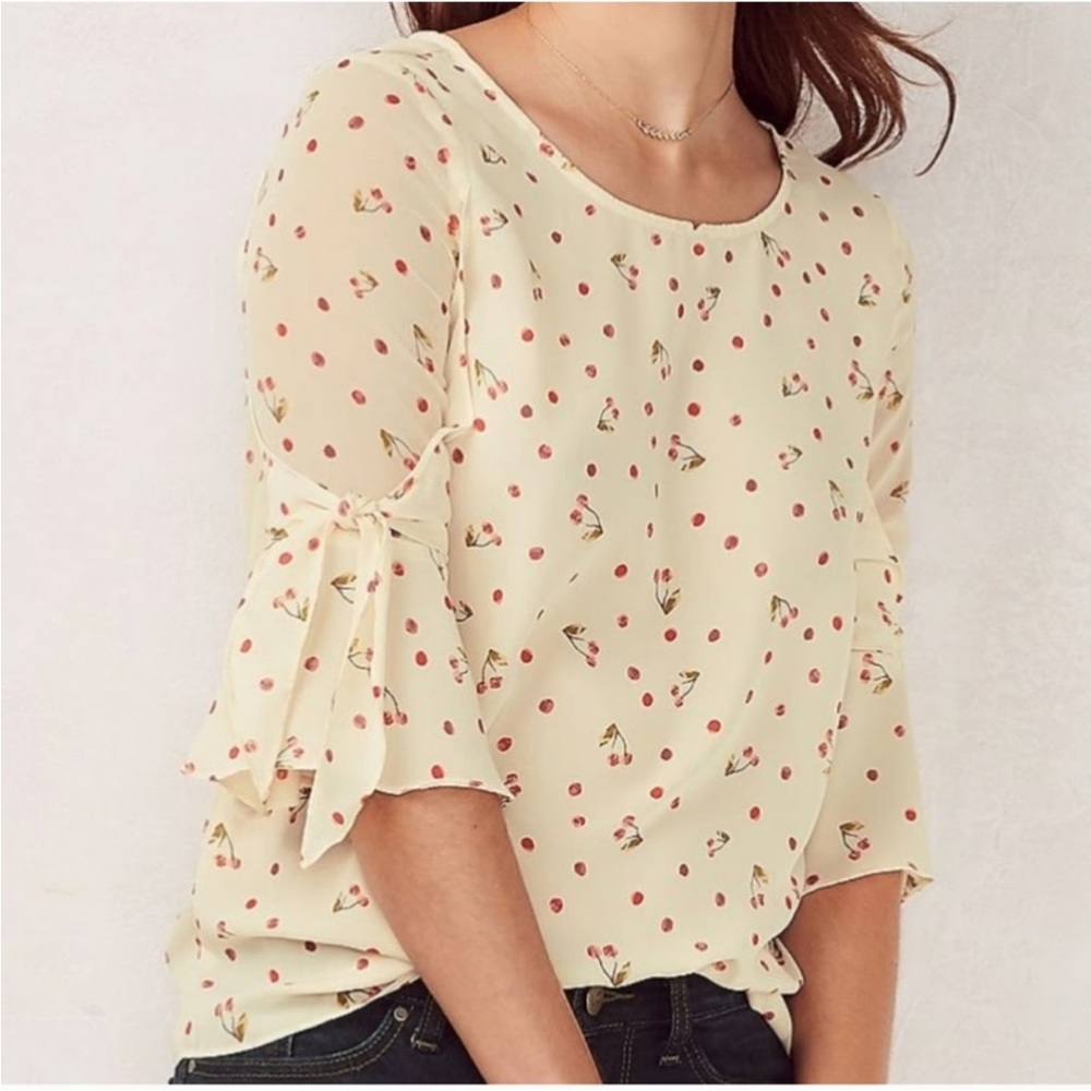 LC Lauren Conrad Cream Floral Polka Dot Long Sleeve Top